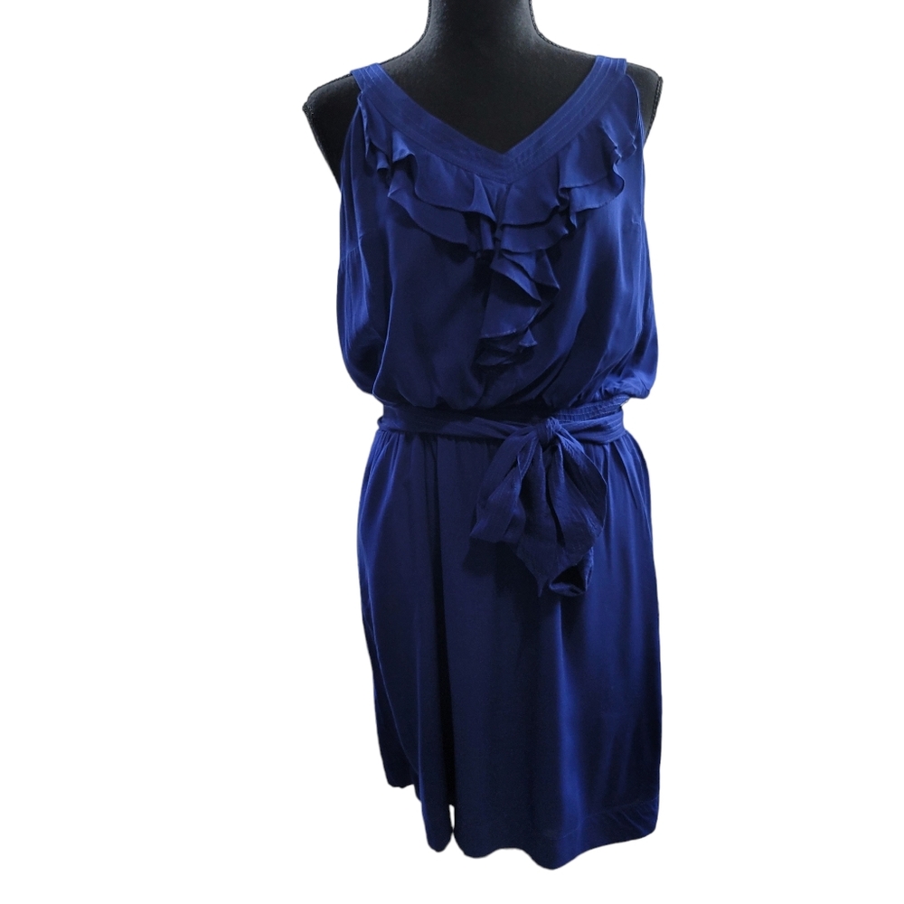 Blue Ruffle V-Neck Women's Dress